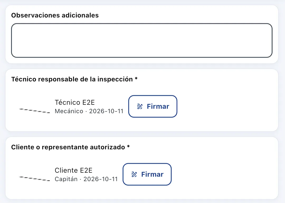 Firmas del técnico y del cliente al cerrar el formulario en la app